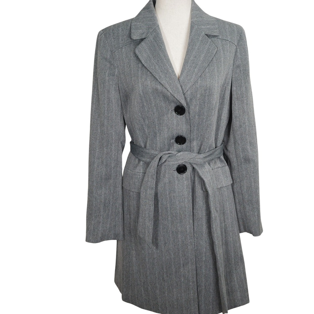 Le Suit Trench Coat Women Medium Gray‎ Herringbone Neutral Normcore Office